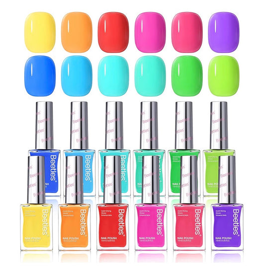 Twelve bottles of 4Corners Riversports Nail Polish in bright colors, including Camp and River, each displayed with a matching painted nail sample.