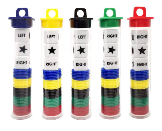The 4Corners Riversports Left/Right/Center set includes five tubes with colorful chips and dice labeled "LEFT," "RIGHT," and stars, each capped in blue, yellow, black, green, or red—ideal for campfire games or river day fun.