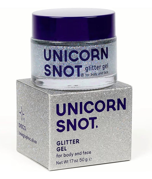 A jar of 4Corners Riversports Unicorn Snot Glitter Gel for body and face rests on its sparkling silver box.