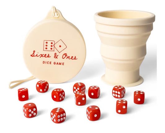 The Pocket Dice set by 4Corners Riversports includes a collapsible beige cup, "Sixes & Ones Dice Game" case, and twelve red dice with white dots—a compact travel kit for gaming anywhere. Displayed on a white surface.
