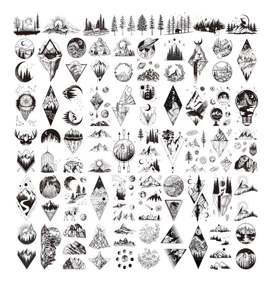 A grid of black and white nature-themed line art—mountains, forests, animals, and celestial details—on white. 4Corners Riversports Temporary Tattoo: perfect for your next camp or river trip!.