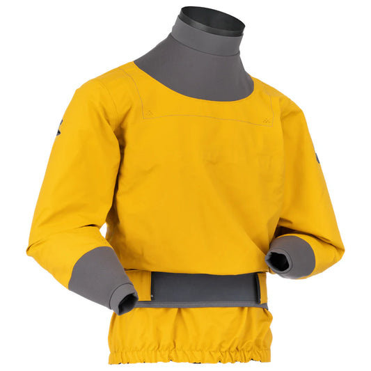 An image of the Immersion Research Devils Club Drytop, a yellow waterproof breathable dry suit top with grey neck and wrist seals, featuring an abrasion-resistant waistband with an adjustable tightening mechanism.