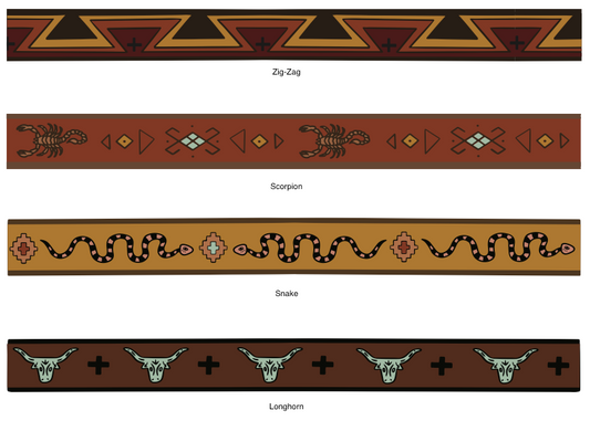 Four horizontal border designs inspired by adventure and handmade belts, featuring geometric, animal, and southwestern motifs—Zig-Zag, Scorpion, Snake, and Longhorn—from the 4Corners Riversports Danger Noodle Belt.