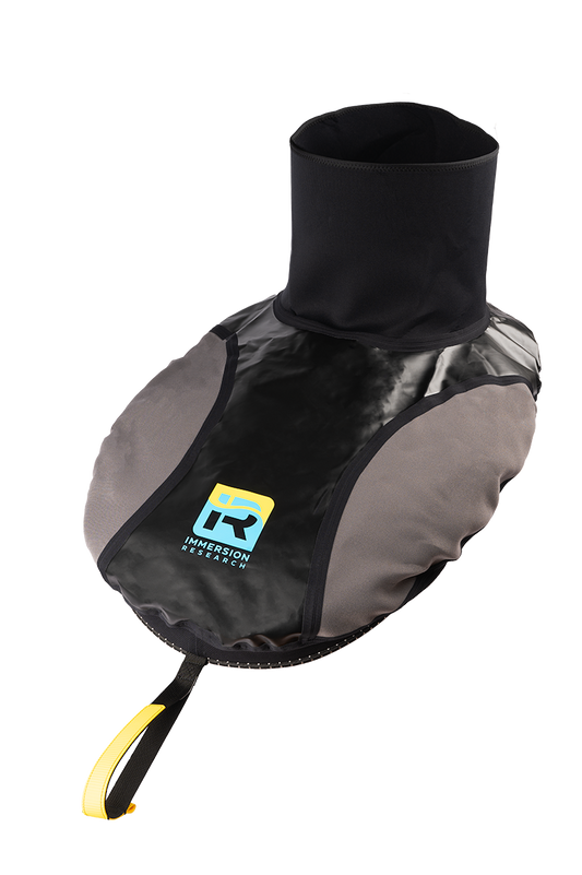 The Alpacka Sixmile Packraft Sprayskirt has a black top, gray and black deck, and yellow pull tab. It utilizes advanced Bungee Technology for a secure fit and a Neoprene Tunnel for comfort, with the branded logo prominently displayed on the front.