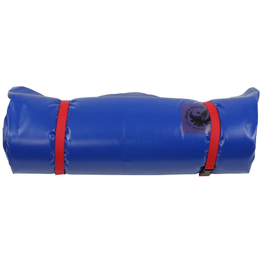 A rolled-up Jacks Plastic Welding Super Grande Paco Pad is made with durable high-density foam, features a blue waterproof PVC exterior, and is secured with red straps.