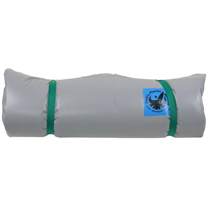 Rolled-up Silverback Paco Pad by Jacks Plastic Welding, featuring gray waterproof PVC, green straps, and a blue recycling symbol label.