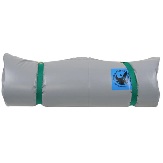 Rolled-up Silverback Paco Pad by Jacks Plastic Welding, featuring gray waterproof PVC, green straps, and a blue recycling symbol label.