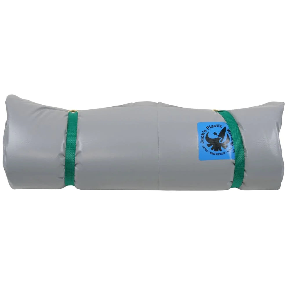 The Super Paco Pad by Jacks Plastic Welding is a rolled-up gray sleeping pad with two green straps, a blue recycling symbol label, and features a self-inflating air valve for added convenience.