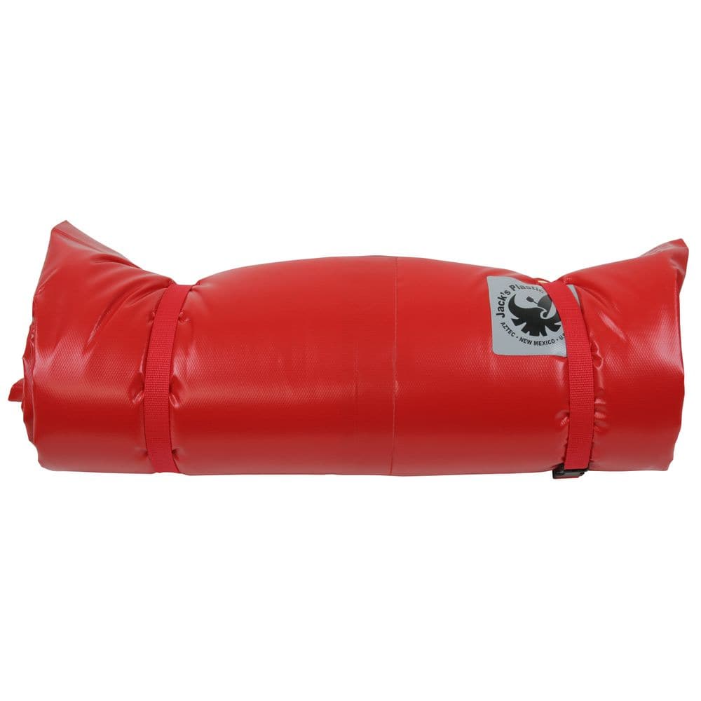 The Super Grande Paco Pad by Jacks Plastic Welding is a red cylindrical bag made from waterproof PVC, featuring a black logo and strap with high-density foam for superior impact resistance.