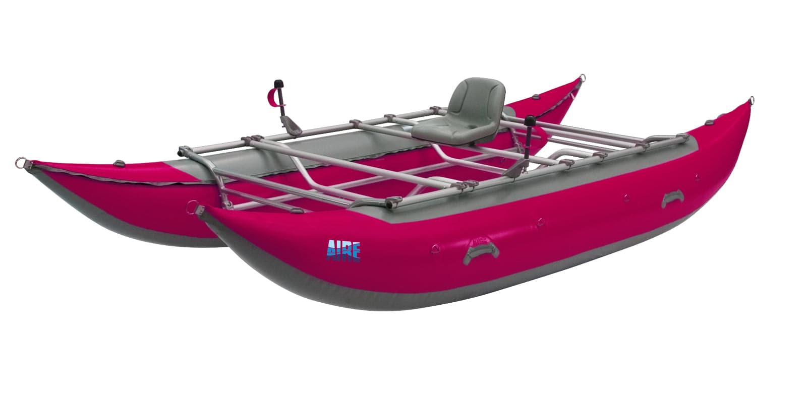 a pink Jaguarundi 16' Cataraft with two seats on it from AIRE.