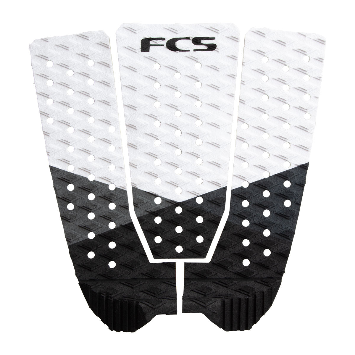The FCS Kolohe Traction Pad is a three-piece pad with a diamond-pattern texture, nano-dot grip, white/black split design, circular cutouts, and "FCS" branding at the top center.