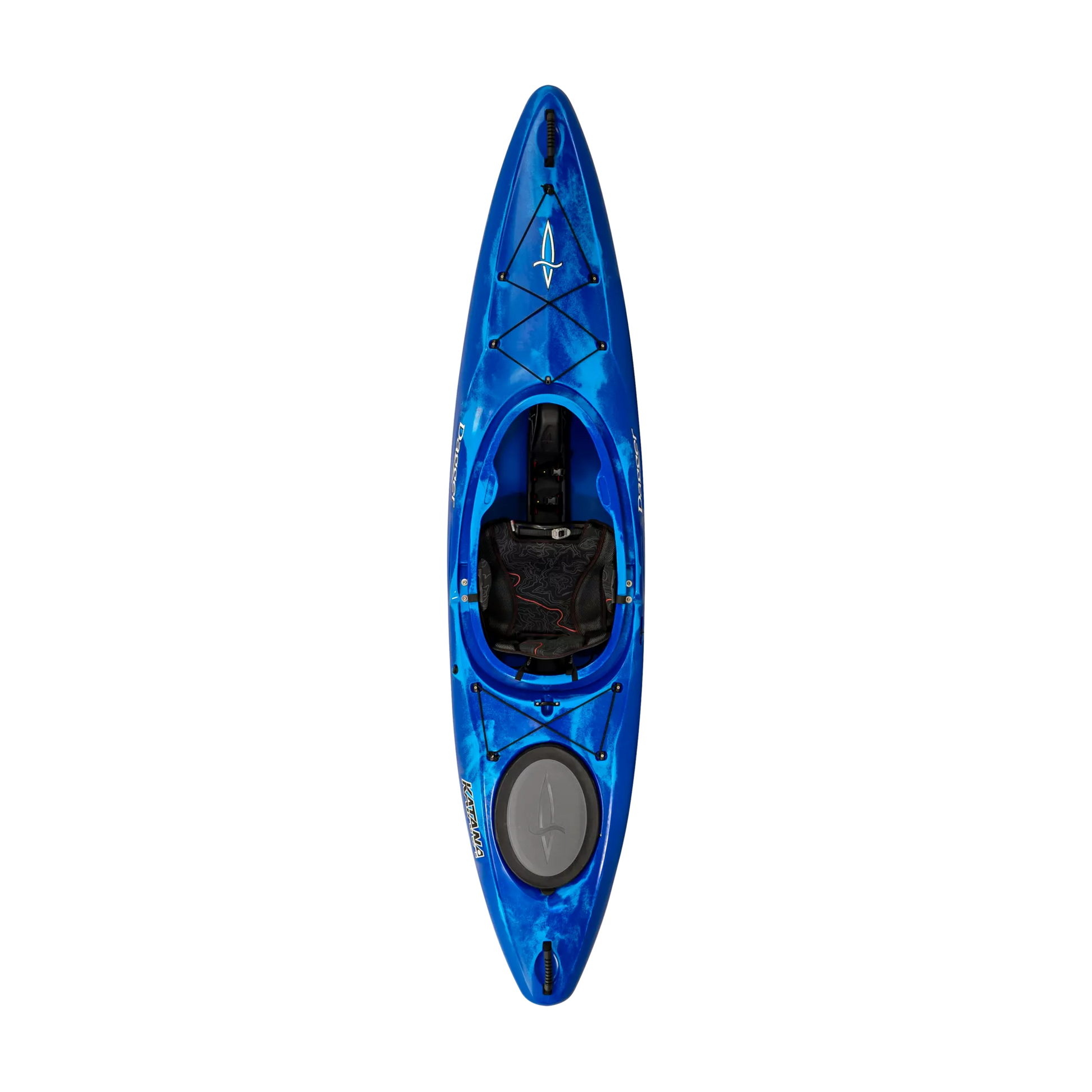 Dagger Katana whitewater kayak with paddle on a black background.