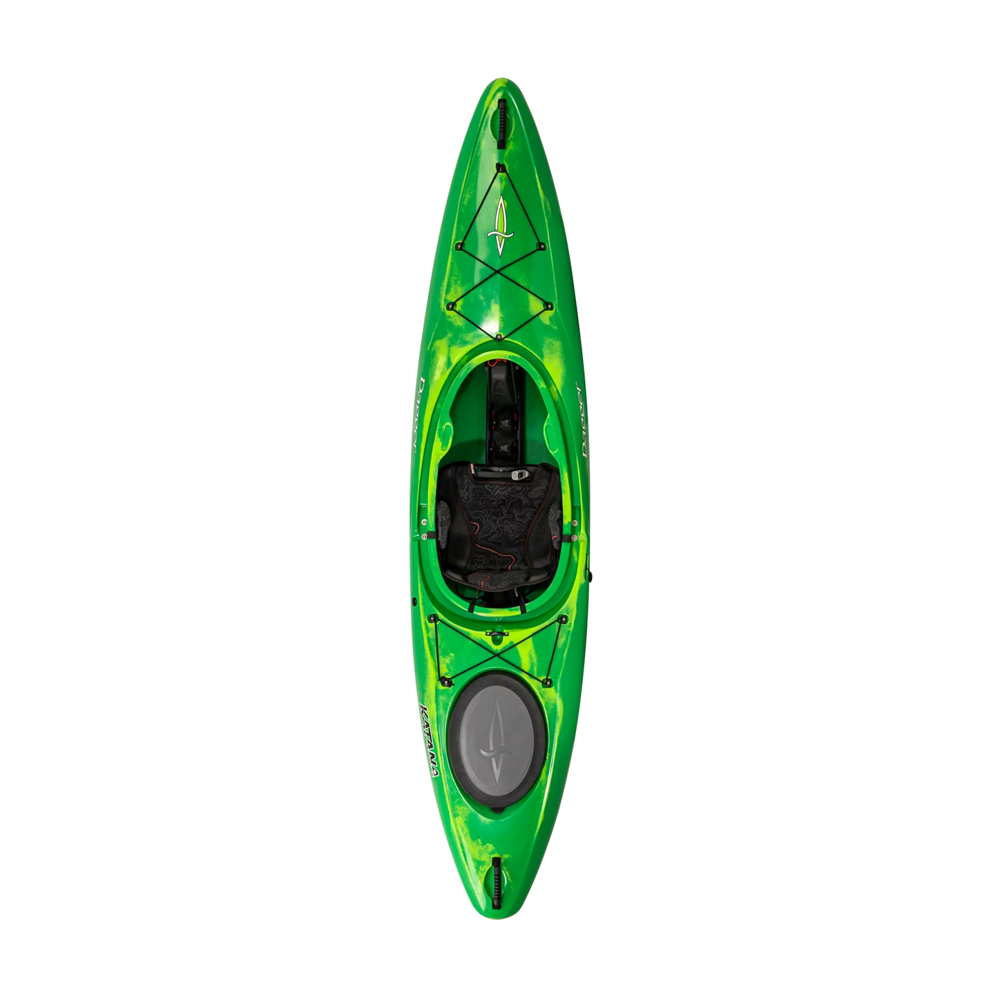 Green Dagger Katana whitewater kayak with black seat viewed from above on a black background with shadow lines.