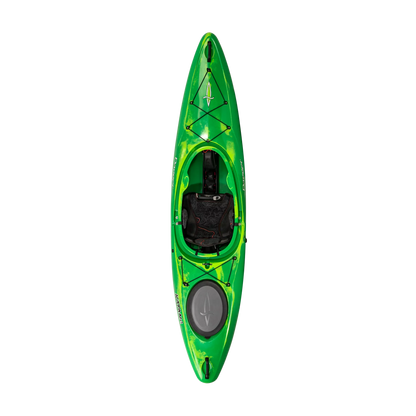 Green Dagger Katana whitewater kayak with black seat viewed from above on a black background with shadow lines.