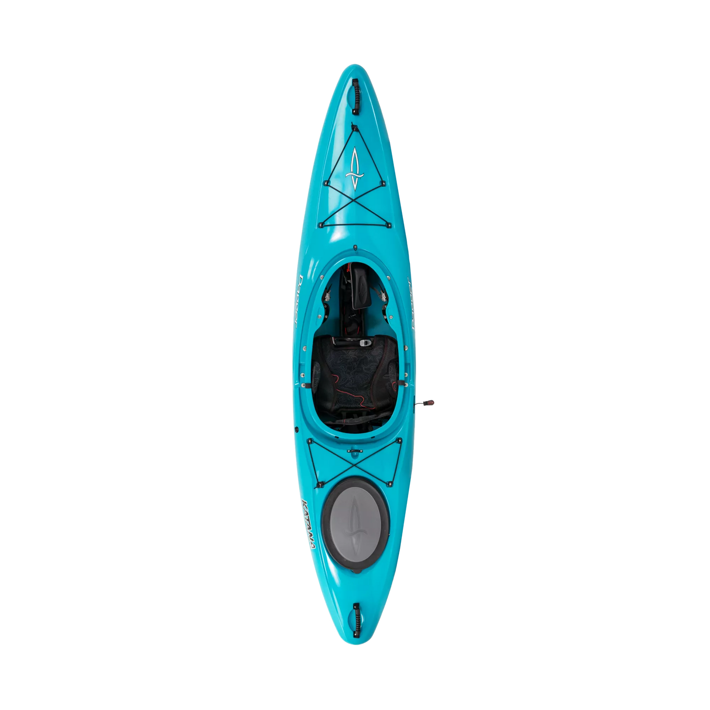 Top-down view of a turquoise Dagger Katana whitewater kayak on a black background with horizontal white lines indicating motion.
