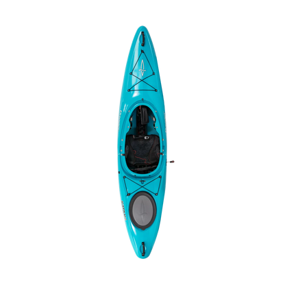 Top-down view of a turquoise Dagger Katana whitewater kayak on a black background with horizontal white lines indicating motion.