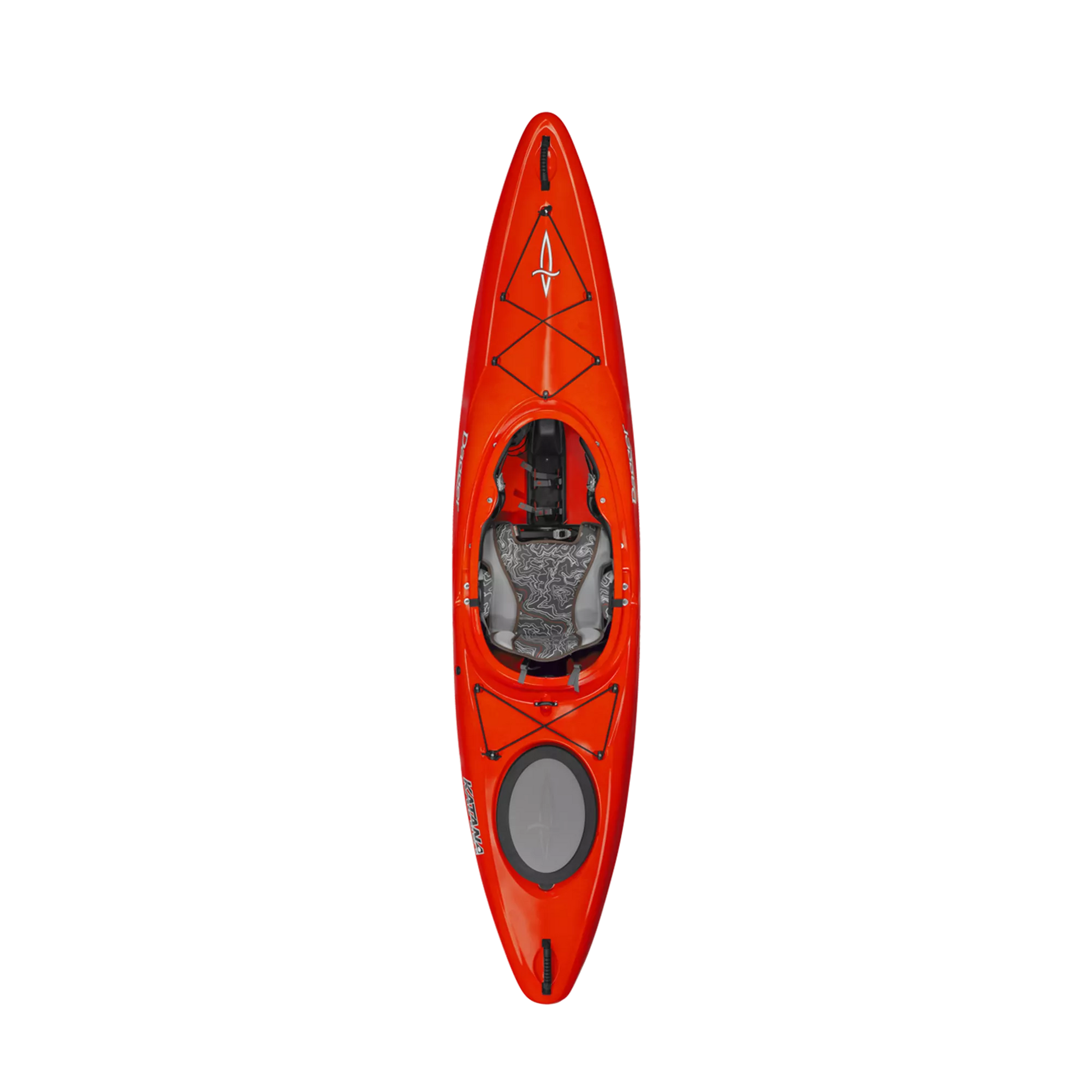 Top view of a red Dagger Katana whitewater kayak with paddle on a black background.
