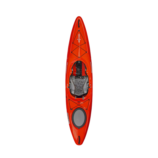 Top view of a red Dagger Katana whitewater kayak with paddle on a black background.
