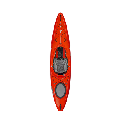 Top view of a red Dagger Katana whitewater kayak with paddle on a black background.