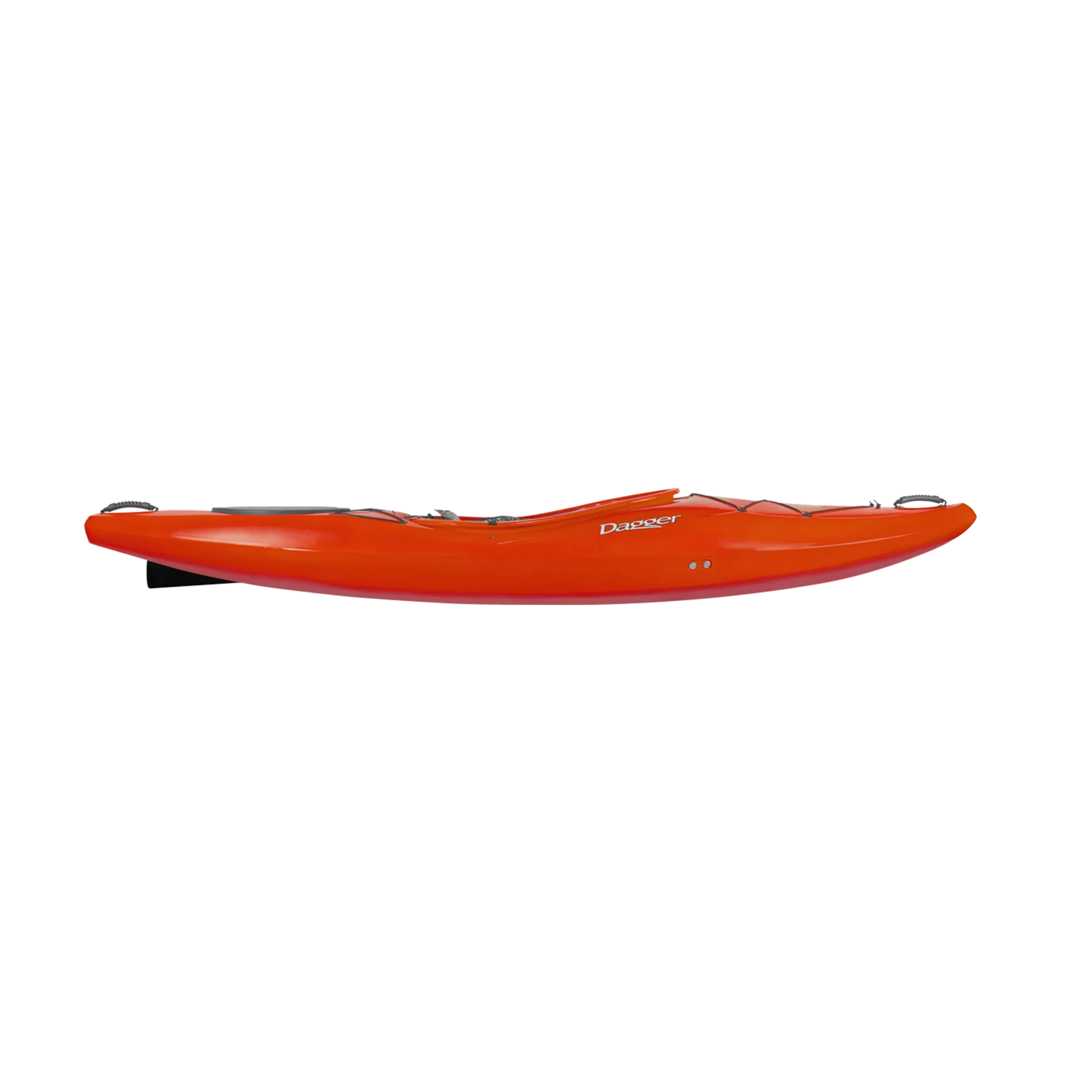 Side view of a red Dagger Katana kayak with yellow stripes isolated on a black background.