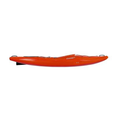 Side view of a red Dagger Katana kayak with yellow stripes isolated on a black background.