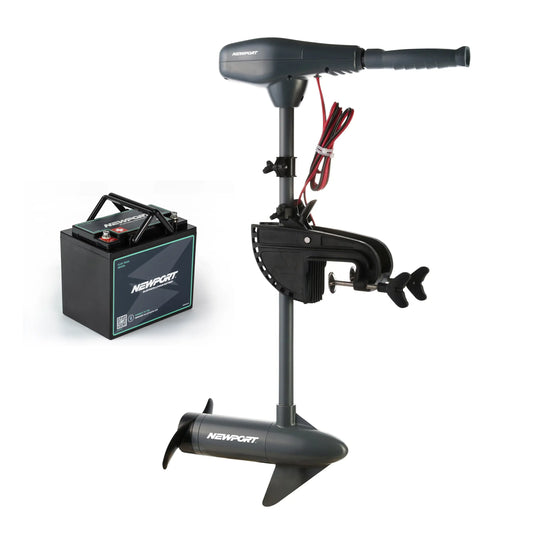 The Newport Kayak Series Trolling Motor - 55lb Thrust + 12V30ah Battery Bundle includes a propeller, mounting bracket, and reliable lithium battery for long-lasting power on the water.