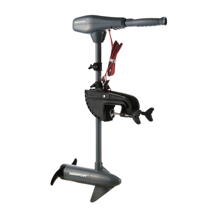 The Newport Kayak Series Trolling Motor - 55lb Thrust, shown in black with handle, cables, and mounting bracket, is designed for small boats or kayaks and displayed against a white background.