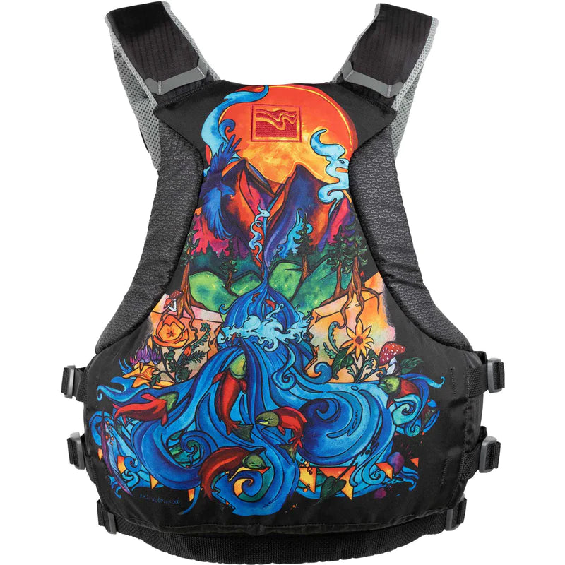 Colorfully designed environmentally conscious Kokatat Hustle PFD with artistic patterns, ensuring paddler's mobility.