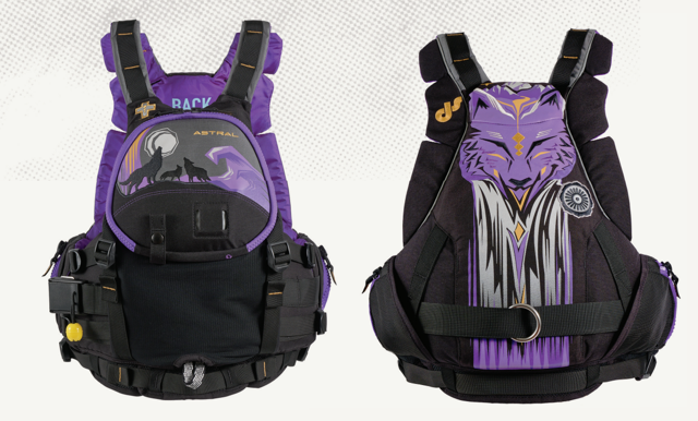 Two Astral GreenJacket Rescue PFDs in purple and black, one adorned with a wolf silhouette and the other with a stylized owl, highlight the product's artistic flair.