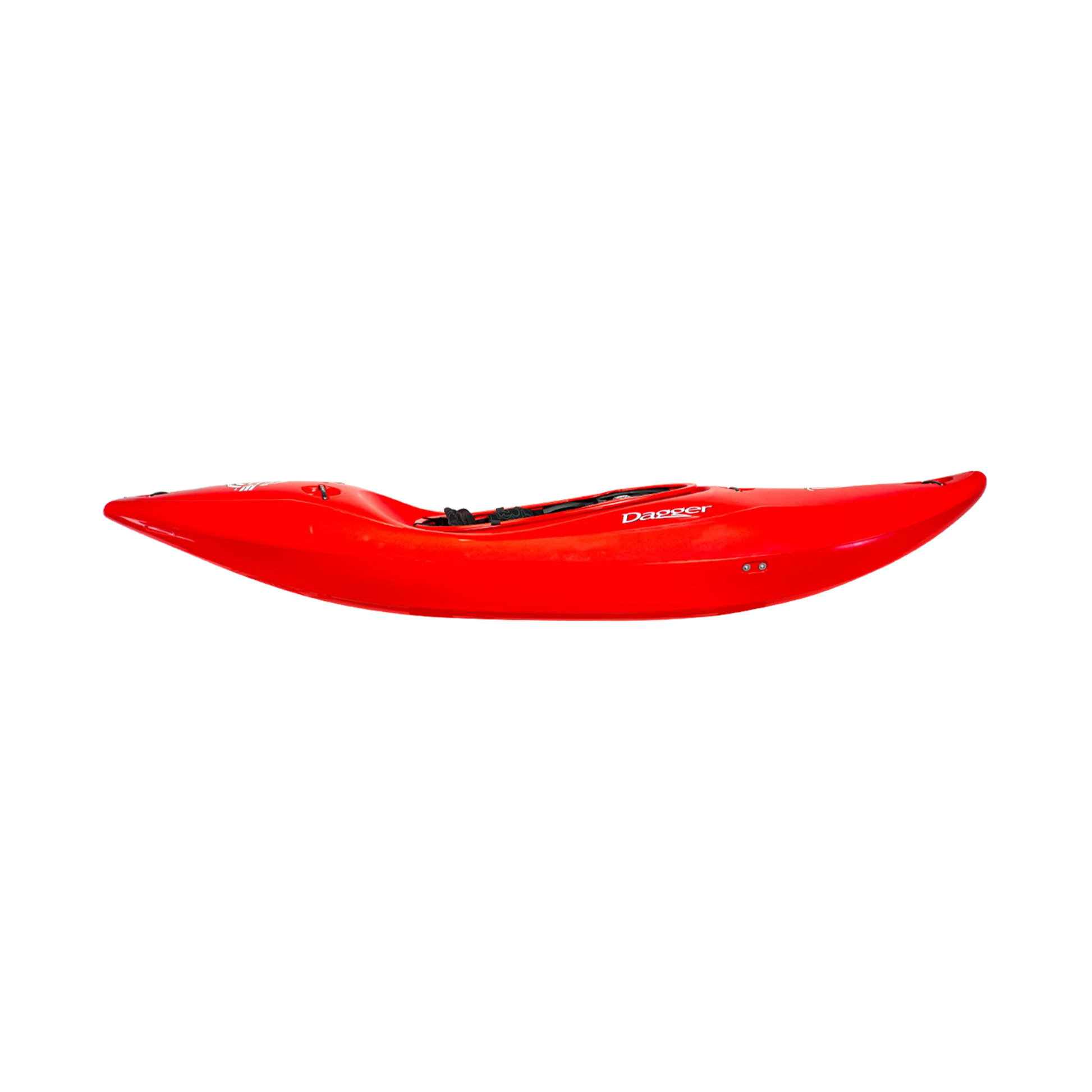 The Red Dagger Code Creek whitewater kayak side view of planing hull.