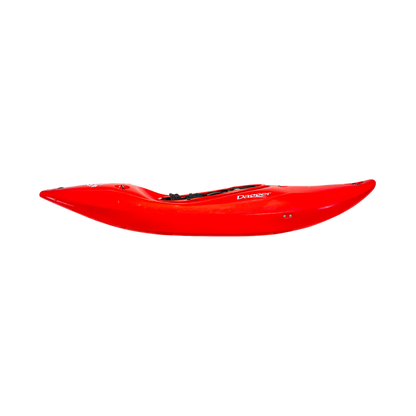The Red Dagger Code Creek whitewater kayak side view of planing hull.