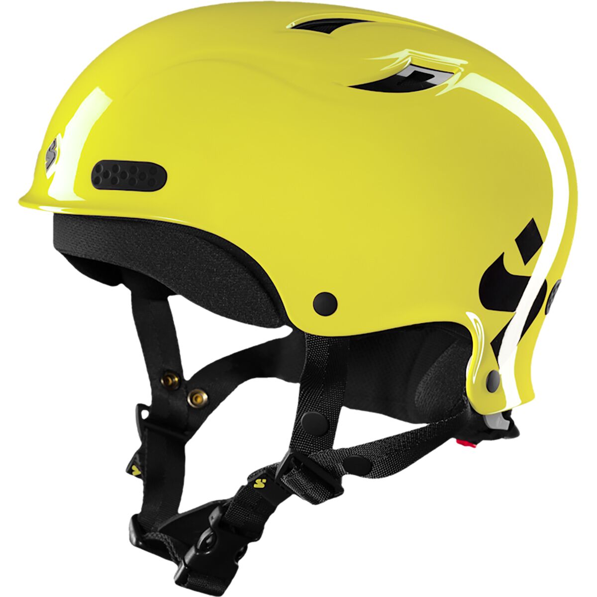 The Wanderer II Helmet by Sweet Protection is a yellow helmet with black straps, an adjustable chin buckle, top ventilation holes, and a durable ABS shell.