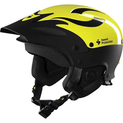 The Rocker Helmet by Sweet Protection is yellow and black with a flame design, vented top, adjustable chin strap, and OCCIGRIP tensioning for a secure fit. Ideal for whitewater adventures!.