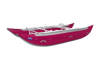 a pink and gray AIRE Leopard 18' Cataraft on a white background.