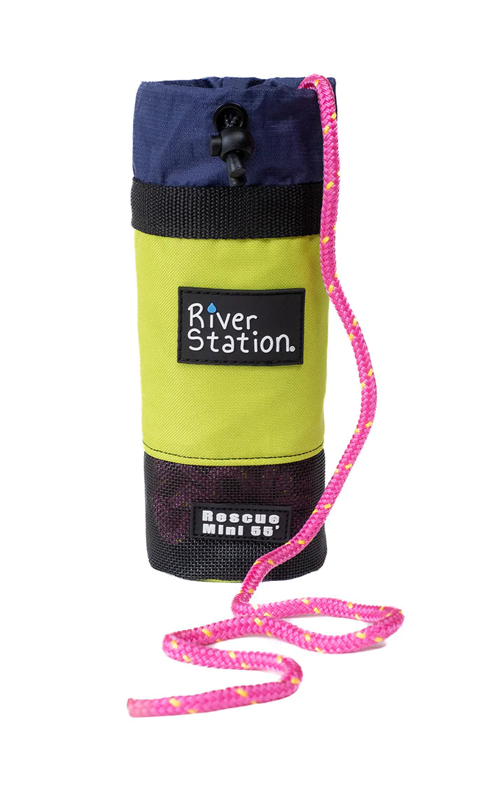 Throw bag with quick drying rope for water rescue, such as the River Station Gear Kayak/Packraft Throw Bag - 55'.