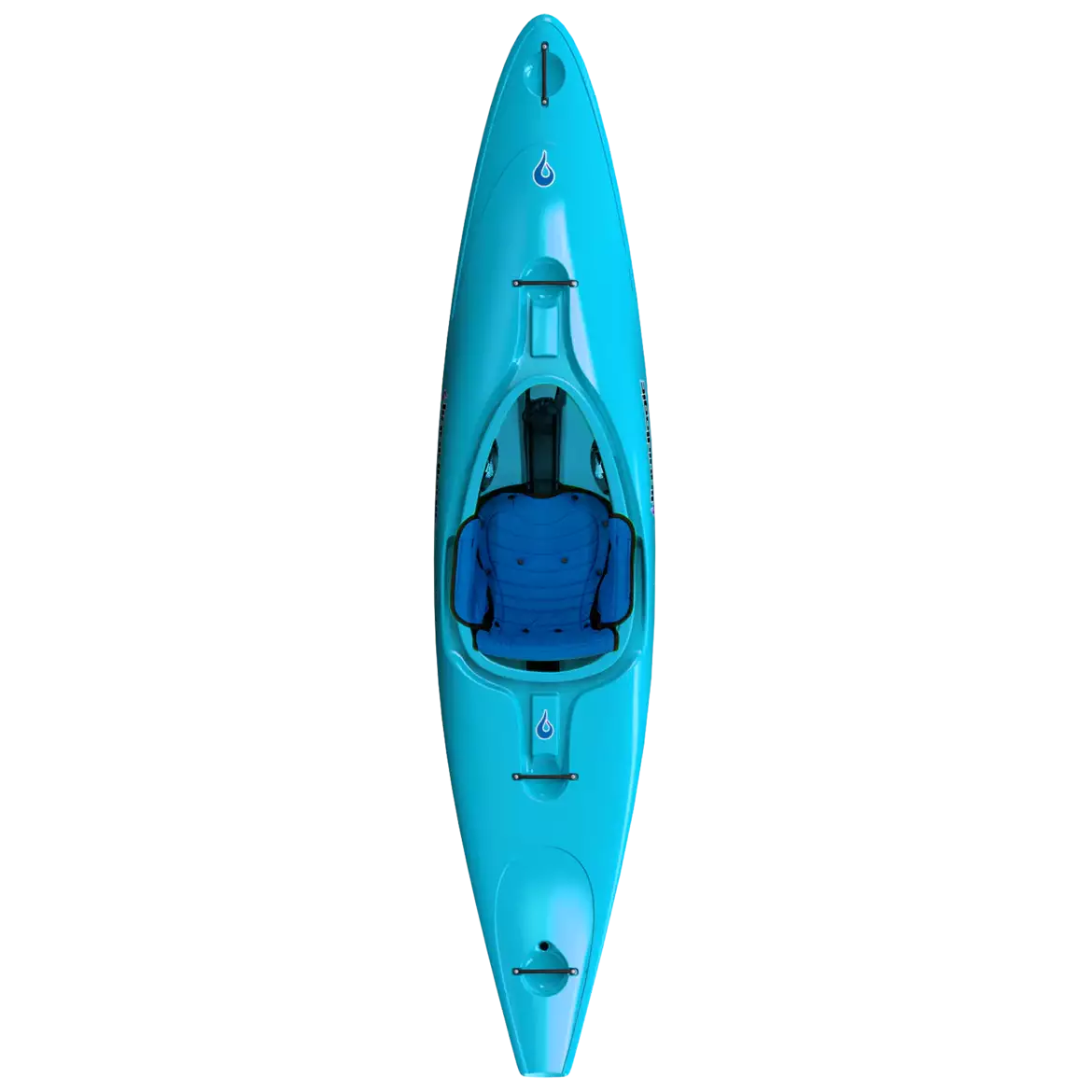 A blue LiquidLogic Powerslide kayak with a seat and foot braces viewed from above, isolated on a white background.