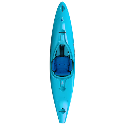 A blue LiquidLogic Powerslide kayak with a seat and foot braces viewed from above, isolated on a white background.