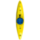 A yellow LiquidLogic Powerslide kayak with a blue seat viewed from above, displayed against a white background with yellow vertical lines.