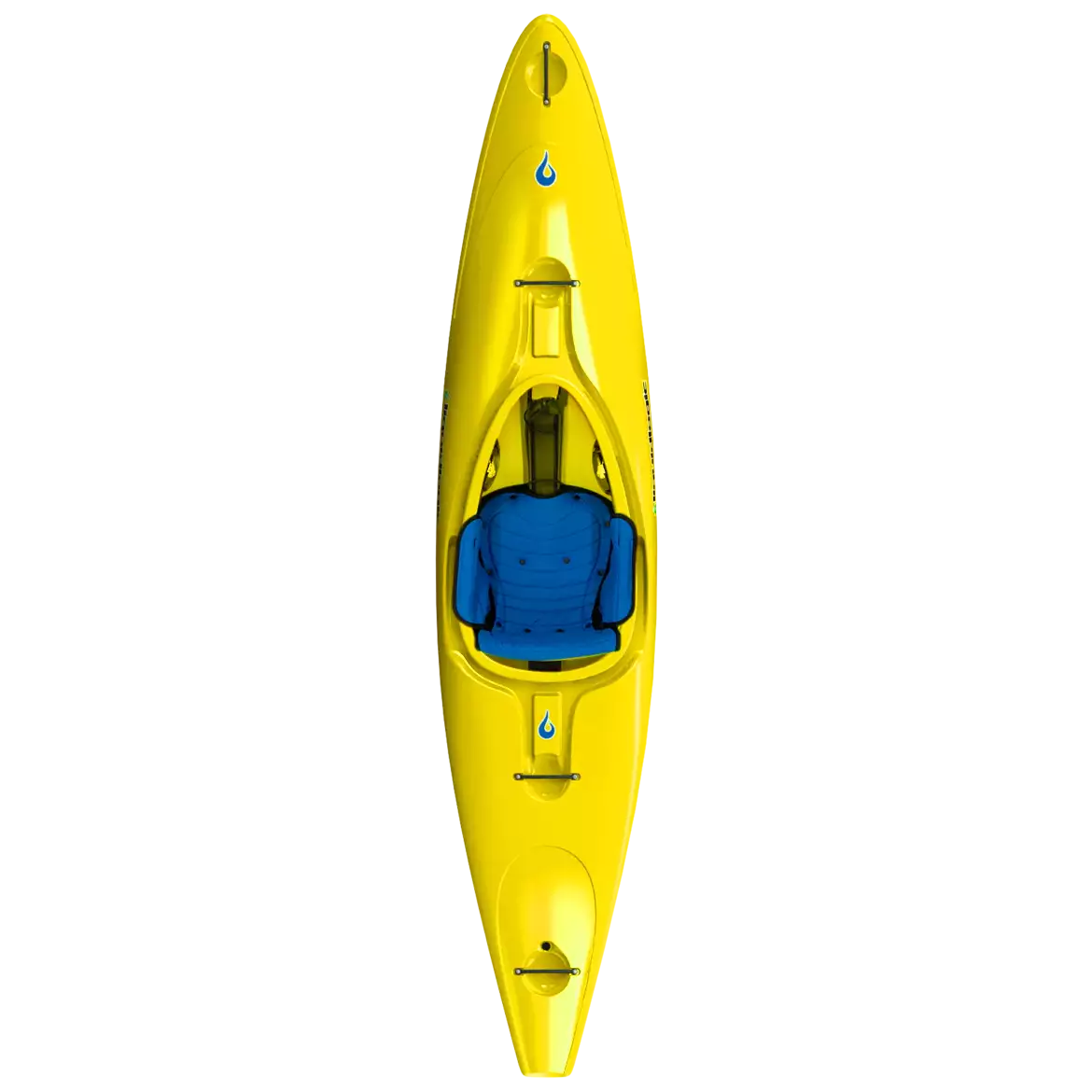 A yellow LiquidLogic Powerslide kayak with a blue seat viewed from above, displayed against a white background with yellow vertical lines.