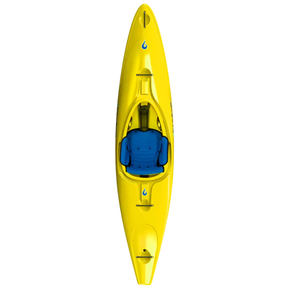 A yellow LiquidLogic Powerslide kayak with a blue seat viewed from above, displayed against a white background with yellow vertical lines.