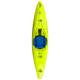 Yellow LiquidLogic Powerslide kayak with a blue seat from a top-down view, with slight motion blur.