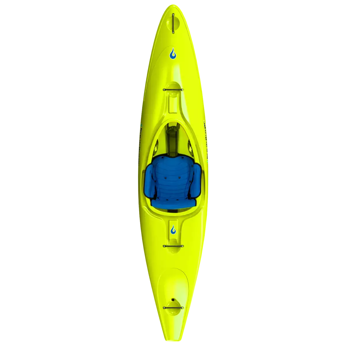 Yellow LiquidLogic Powerslide kayak with a blue seat from a top-down view, with slight motion blur.