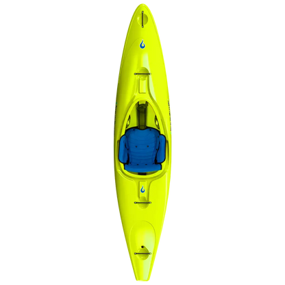 Yellow LiquidLogic Powerslide kayak with a blue seat from a top-down view, with slight motion blur.