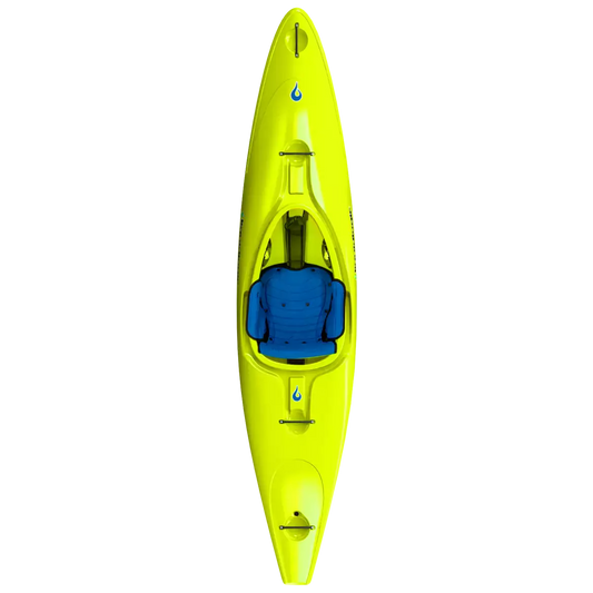 Yellow LiquidLogic Powerslide kayak with a blue seat from a top-down view, with slight motion blur.