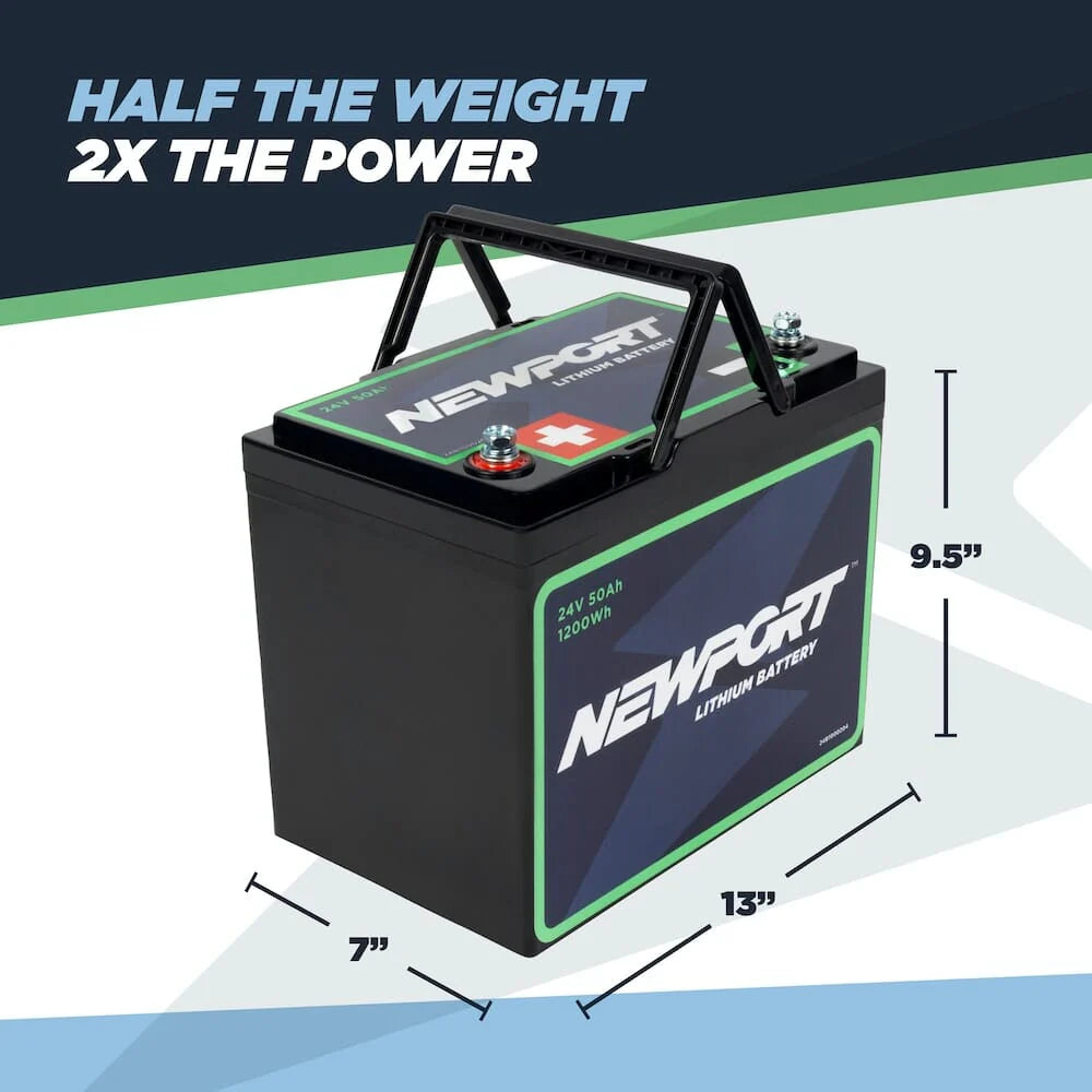 The Newport 12v Lithium Boat Battery (13" x 7" x 9.5") is perfect for kayaks, offering half the weight and double the power, plus optional Bluetooth for real-time performance updates.