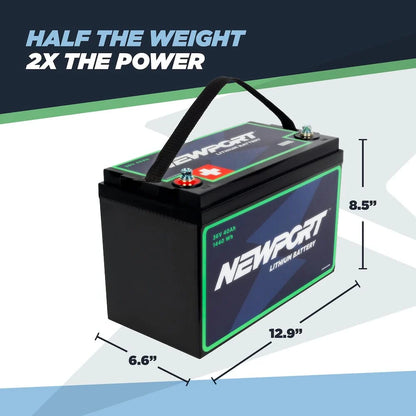 Newport 12v Lithium Boat Battery with handle, measuring 12.9" x 6.6" x 8.5", is ideal for kayaks. Text reads: "Half the weight, 2x the power.