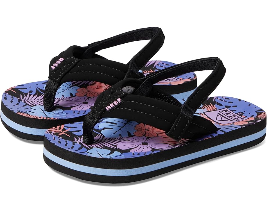 REEF LITTLE AHI Children's Flip Flops for kids with black straps, a blue, purple, and pink floral-patterned sole, blue-striped platform base, and durable foam outsole.