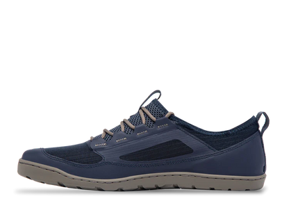 Navy blue Astral Loyak AC - Men's low-top sneaker with a ripstop mesh upper, gray accents, and a beige sole featuring sticky G-Rubber outsoles, viewed from the side.