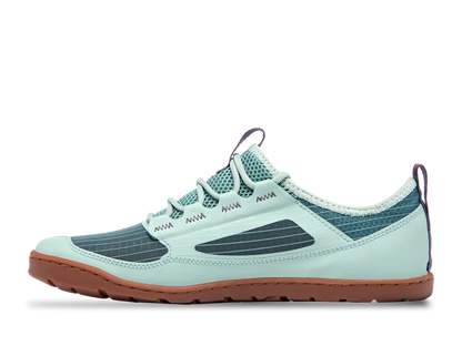 The Astral Loyak AC - Men's is a light blue athletic shoe with a ripstop mesh upper, navy accents, a brown sole featuring G-Rubber outsoles, and rope-style laces. A heel pull tab offers easy wear.