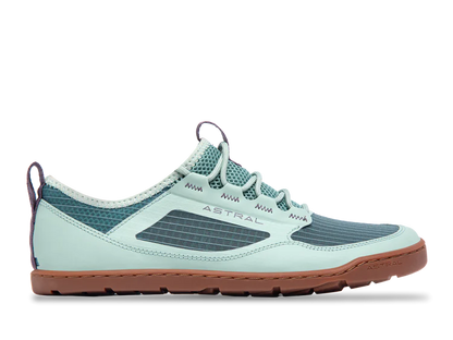 The men's Astral Loyak AC sneaker features a light blue and teal design with a brown sole, ripstop mesh upper, and white laces. G-Rubber outsoles enhance grip, while the "ASTRAL" branding on the side emphasizes its chic style.